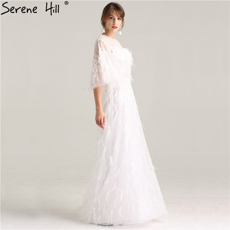 On Sale No Return No Refund Sale Half Sleeve Dream Feather Tassel Evening Dresses 2025 White Pearls Fashion Sexy Formal Evening Gowns LA6225 - SERENE HILL