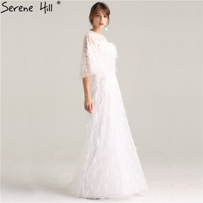 On Sale No Return No Refund Sale Half Sleeve Dream Feather Tassel Evening Dresses 2025 White Pearls Fashion Sexy Formal Evening Gowns LA6225 - SERENE HILL