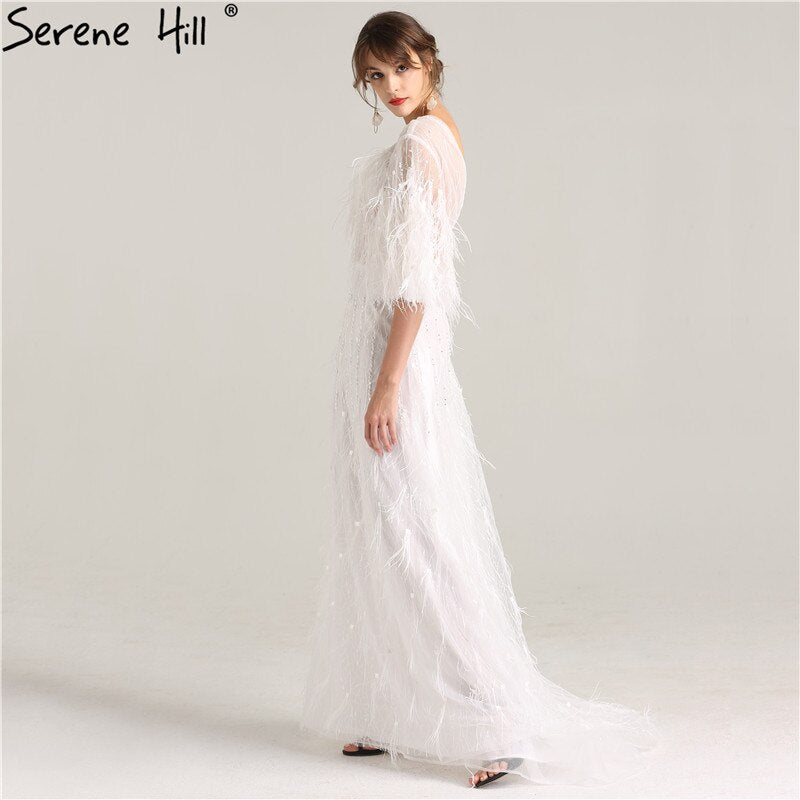 On Sale No Return No Refund Sale Half Sleeve Dream Feather Tassel Evening Dresses 2025 White Pearls Fashion Sexy Formal Evening Gowns LA6225 - SERENE HILL