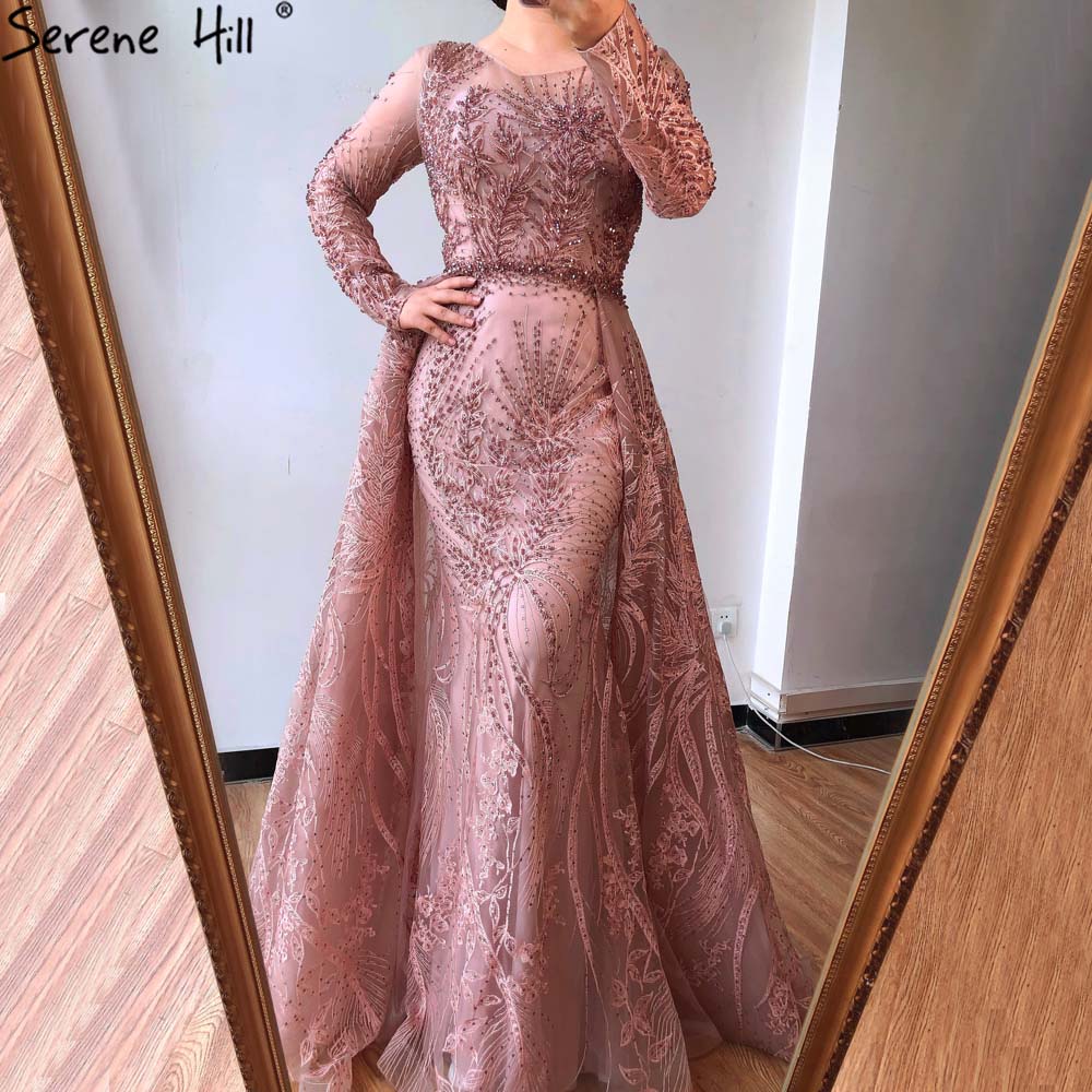Modest Muslim Pink Long Sleeves Mermaid Evening Dress with Train LA70541 - SERENE HILL