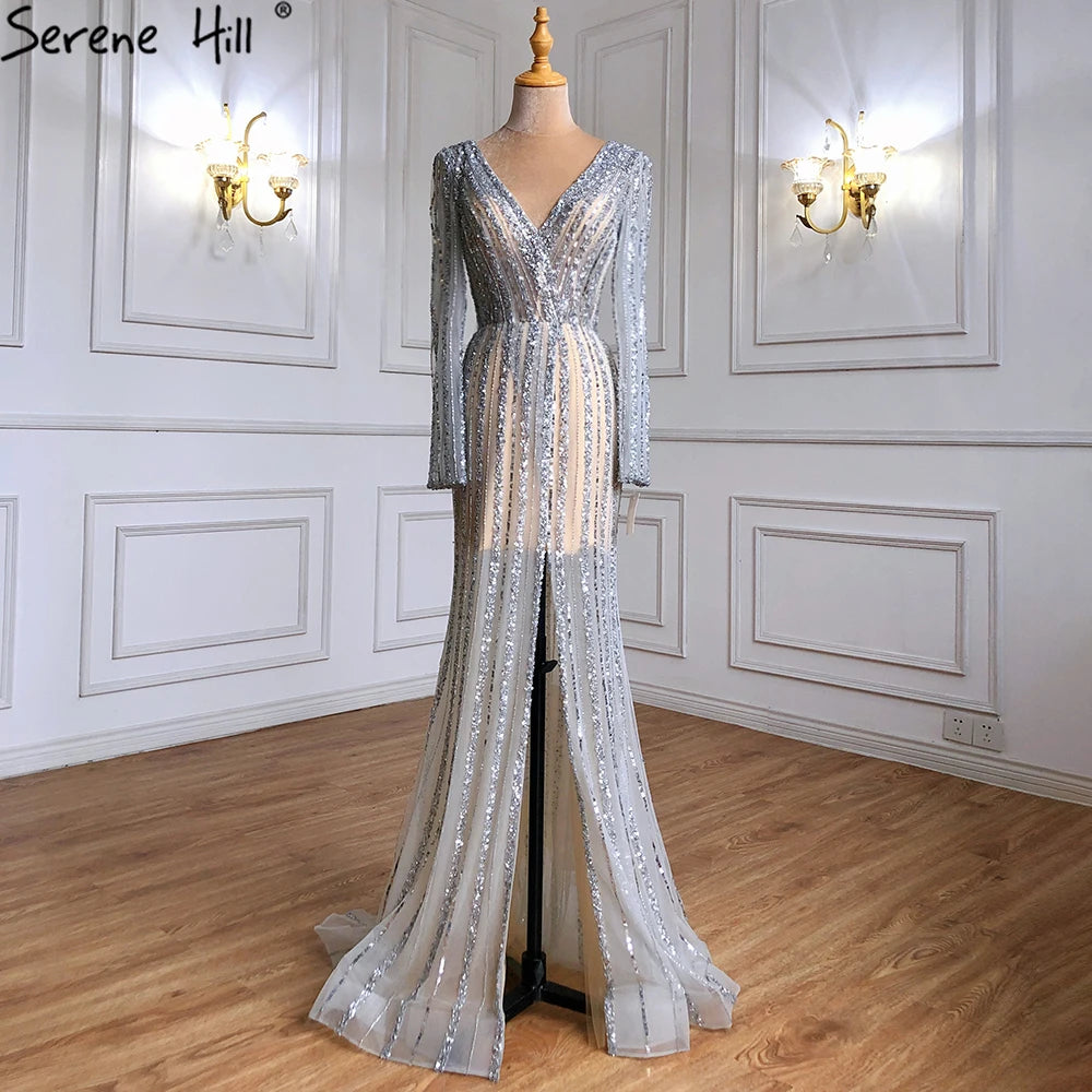 Serene Hill Silver Blue Mermaid Split Evening Dresses Gowns 2025 Beaded Elegant Luxury For Women Party LA71392 - SERENE HILL