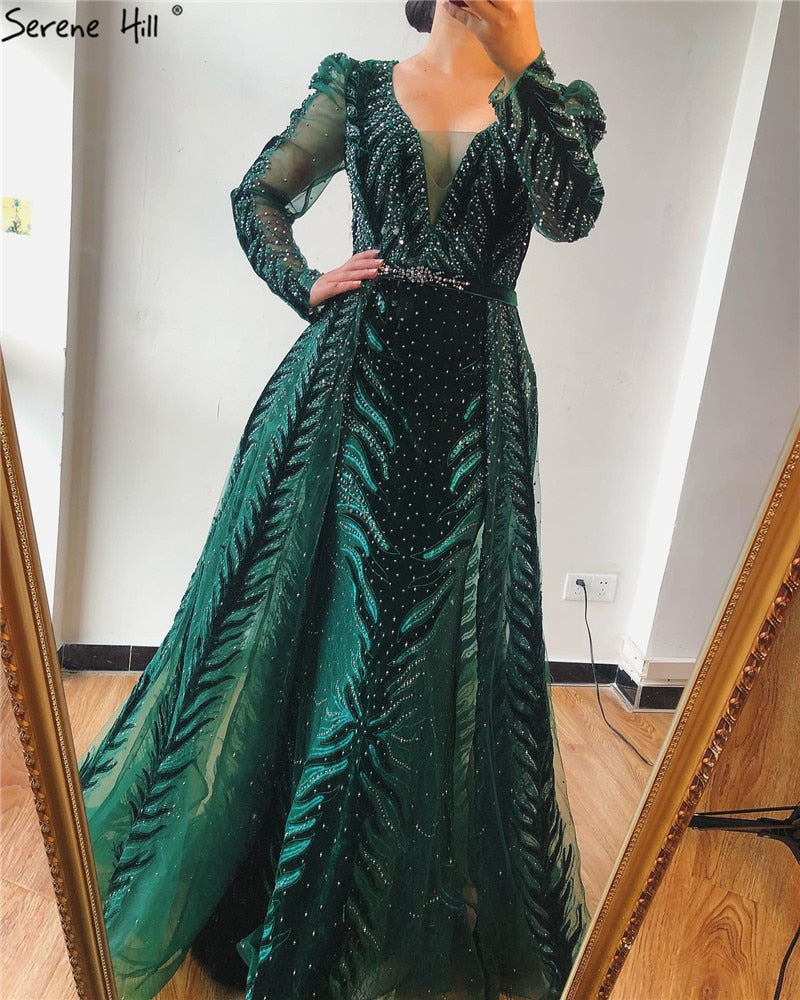 Velvet Wine Red Evening Dresses Long Sleeves Luxury Design Beading Formal Dress 2025 Serene Hill Plus Size LA60903 - SERENE HILL