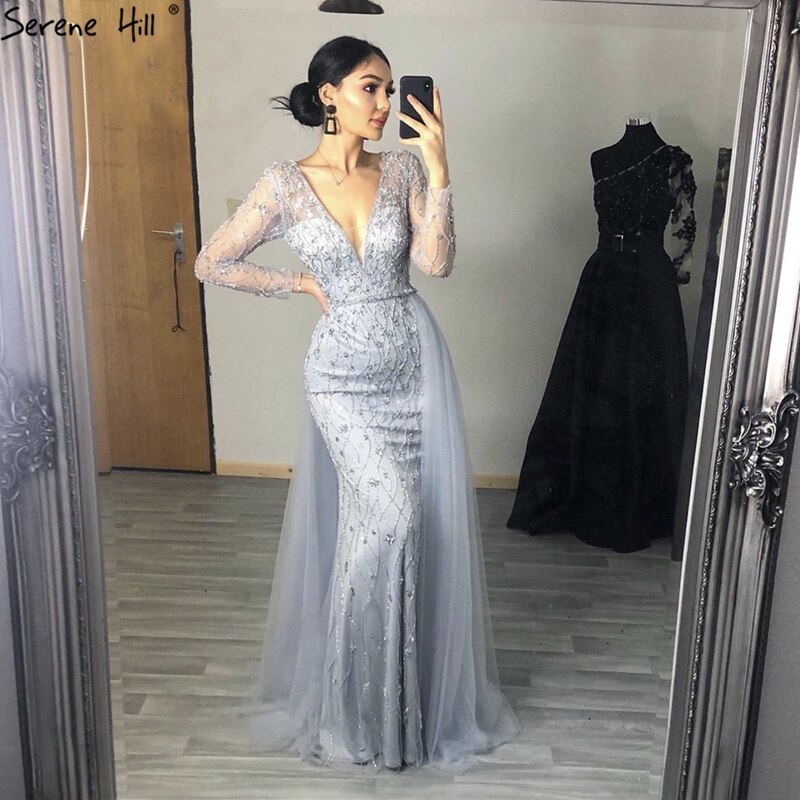 Luxury Grey Mermaid Evening Dress with Detachable Train and Diamond Beading LA70341 - SERENE HILL