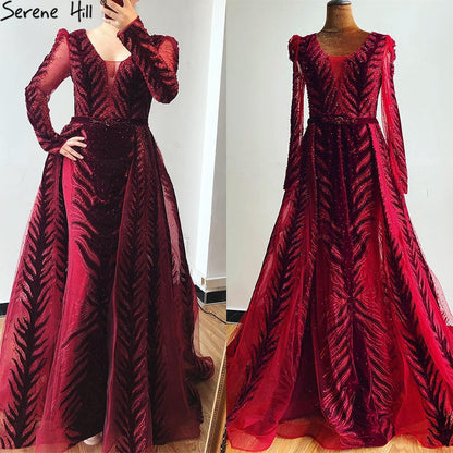 Velvet Wine Red Evening Dresses Long Sleeves Luxury Design Beading Formal Dress 2025 Serene Hill Plus Size LA60903 - SERENE HILL