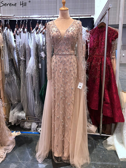 Luxury Grey Mermaid Evening Dress with Detachable Train and Diamond Beading LA70341 - SERENE HILL