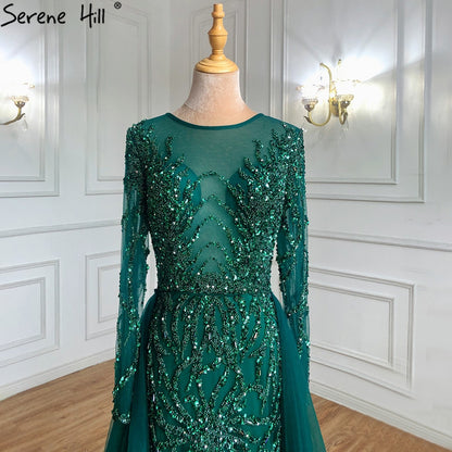 Serene Hill Muslim Green With Train Evening Dresses Gowns 2025 Mermaid Beading Elegant Luxury For Women Party LA71107 - SERENE HILL