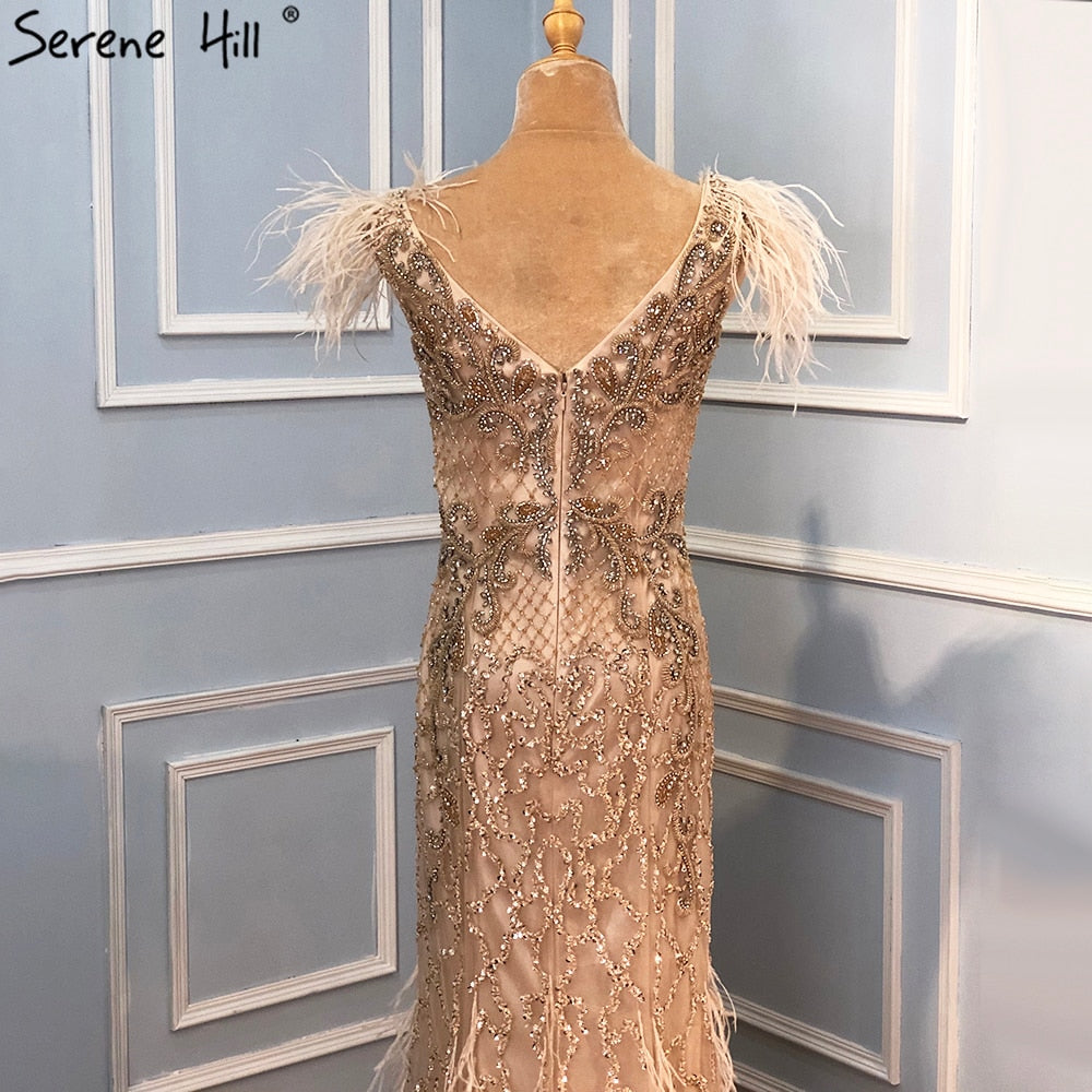 Champagne Luxury V-Neck Sexy Mermaid Evening Dresses 2025 Diamond Feathers Sleeveless Formal Dress Serene Hill LA70350 - SERENE HILL