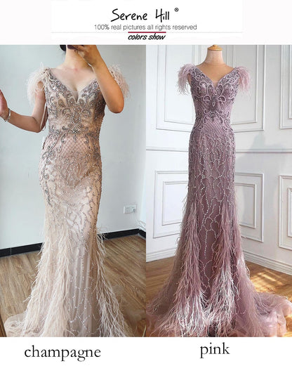 Champagne Luxury V-Neck Sexy Mermaid Evening Dresses 2025 Diamond Feathers Sleeveless Formal Dress Serene Hill LA70350 - SERENE HILL