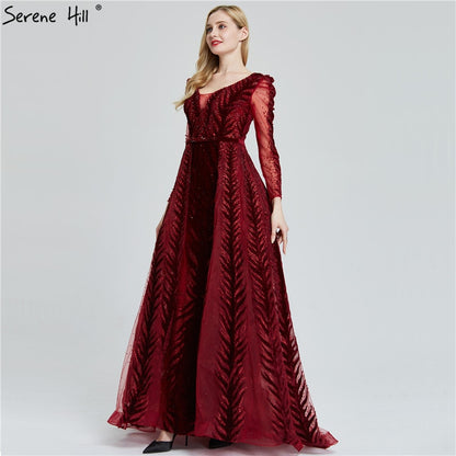 Velvet Wine Red Evening Dresses Long Sleeves Luxury Design Beading Formal Dress 2025 Serene Hill Plus Size LA60903 - SERENE HILL