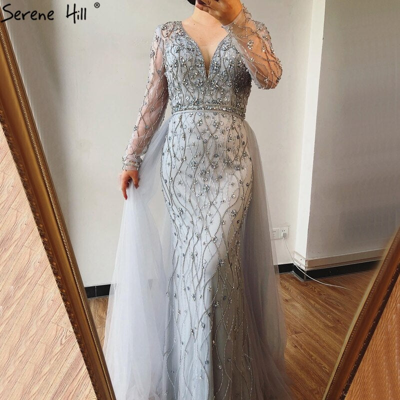 Luxury Grey Mermaid Evening Dress with Detachable Train and Diamond lilac / 12 Luxury Grey Mermaid Evening Dress with Detachable Train and Diamond lilac / 12