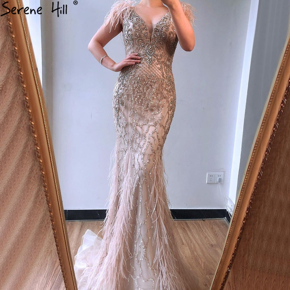 Champagne Luxury V-Neck Sexy Mermaid Evening Dresses 2025 Diamond Feathers Sleeveless Formal Dress Serene Hill LA70350 - SERENE HILL