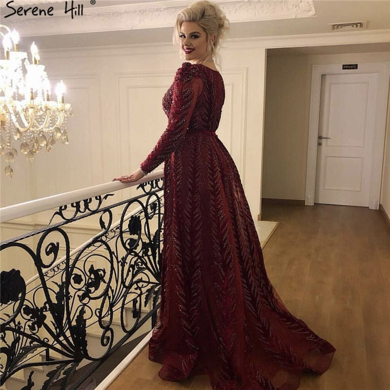 Velvet Wine Red Evening Dresses Long Sleeves Luxury Design Beading Formal Dress 2025 Serene Hill Plus Size LA60903 - SERENE HILL