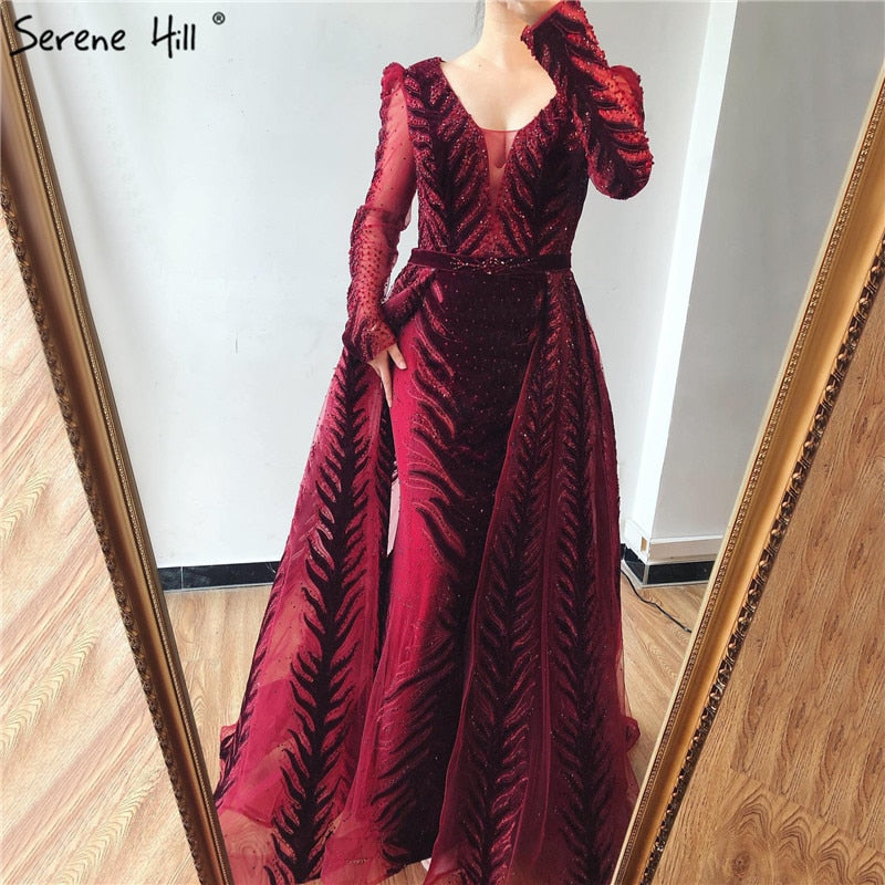 Velvet Wine Red Evening Dresses Long Sleeves Luxury Design Beading Formal Dress 2025 Serene Hill Plus Size LA60903 - SERENE HILL