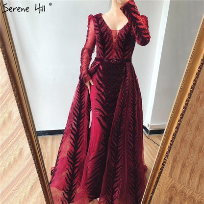 Velvet Wine Red Evening Dresses Long Sleeves Luxury Design Beading Formal Dress 2025 Serene Hill Plus Size LA60903 - SERENE HILL