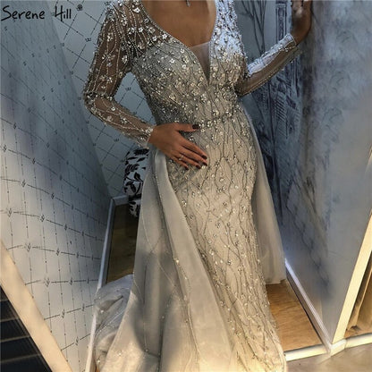 Luxury Grey Mermaid Evening Dress with Detachable Train and Diamond Beading LA70341 - SERENE HILL