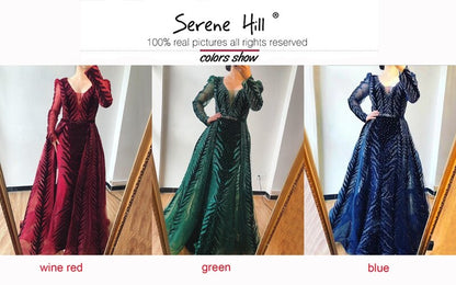 Velvet Wine Red Evening Dresses Long Sleeves Luxury Design Beading Formal Dress 2025 Serene Hill Plus Size LA60903 - SERENE HILL