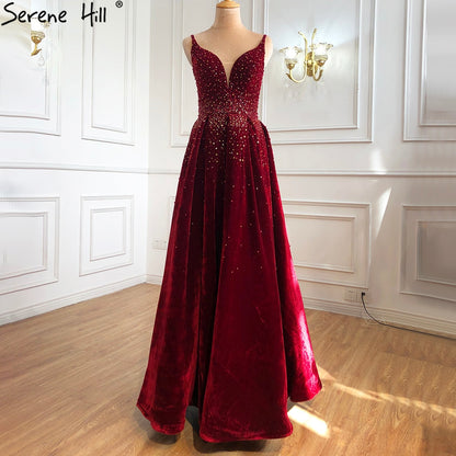On Sale no return no refundSale Serene Hill Wine Red Velvet Luxury Evening Dresses Gowns 2025 A-Line Beading Sexy For Women Party LA70956 - SERENE HILL