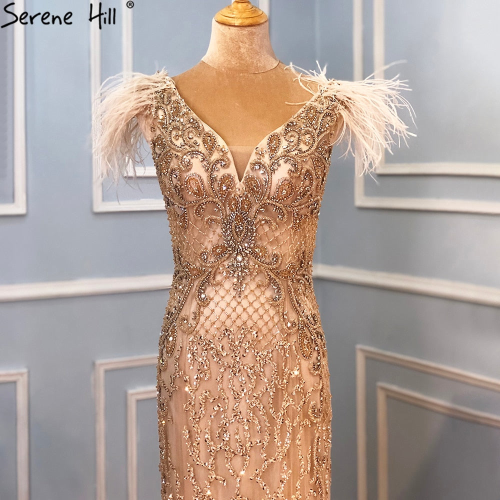 Champagne Luxury V-Neck Sexy Mermaid Evening Dresses 2025 Diamond Feathers Sleeveless Formal Dress Serene Hill LA70350 - SERENE HILL