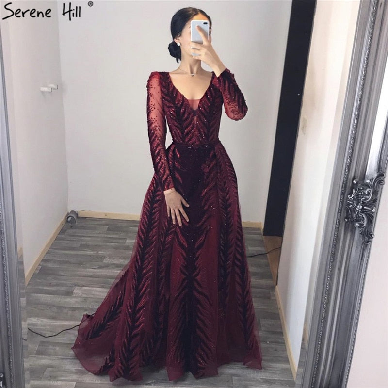 Velvet Wine Red Evening Dresses Long Sleeves Luxury Design Beading Formal Dress 2025 Serene Hill Plus Size LA60903 - SERENE HILL