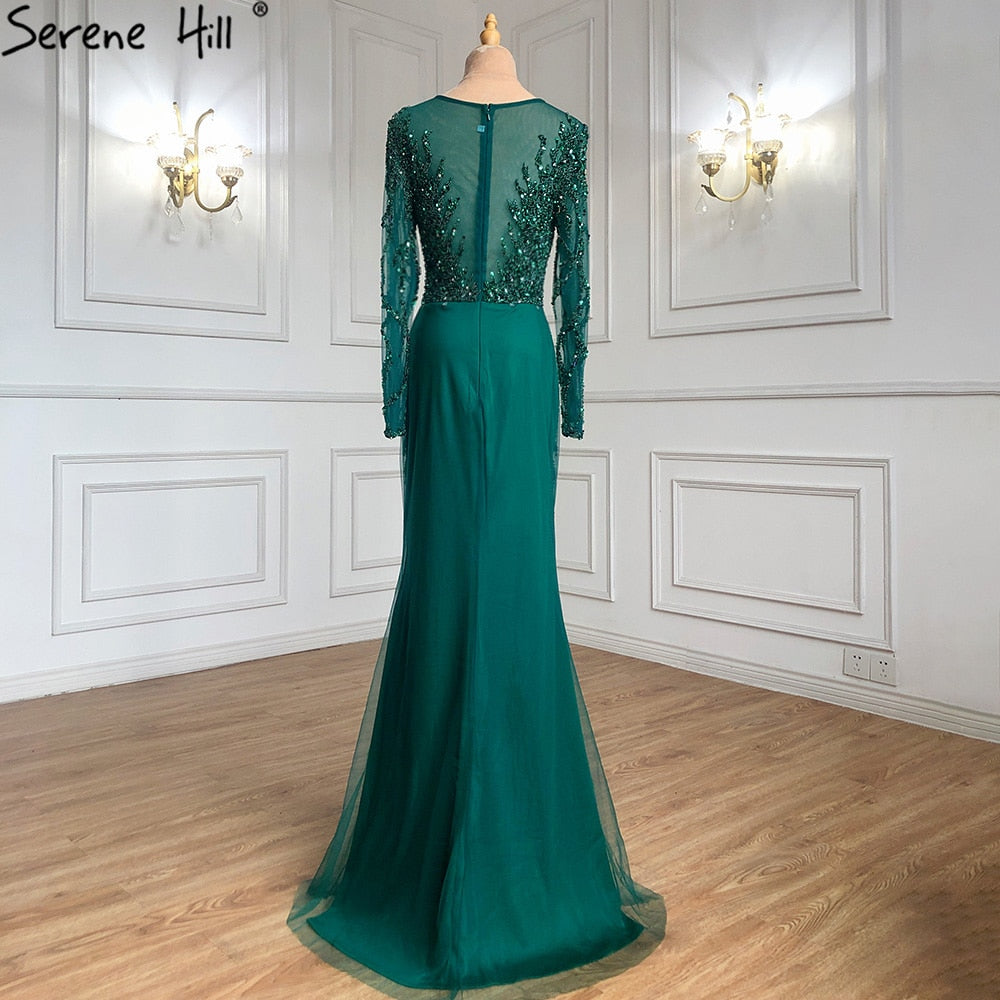 Serene Hill Muslim Green With Train Evening Dresses Gowns 2025 Mermaid Beading Elegant Luxury For Women Party LA71107 - SERENE HILL