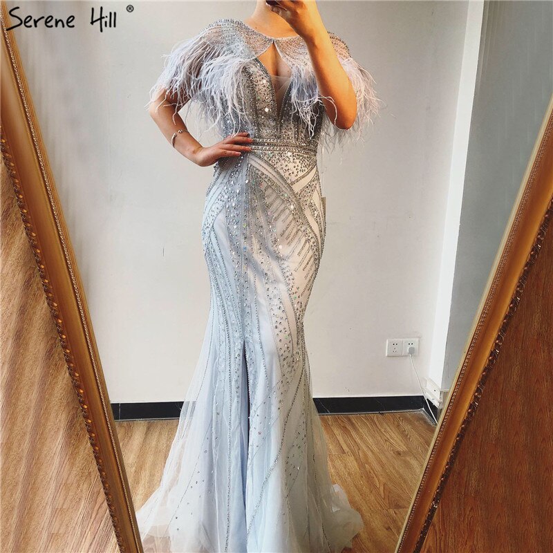 On Sale no return no refundSale Silver Feathers Shawl Yarn Sexy Evening Dresses 2025 Dubai Mermaid V-Neck Beading Diamond Formal Dress Serene Hill LA70355 - SERENE HILL
