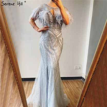 On Sale no return no refundSale Silver Feathers Shawl Yarn Sexy Evening Dresses 2025 Dubai Mermaid V-Neck Beading Diamond Formal Dress Serene Hill LA70355 - SERENE HILL