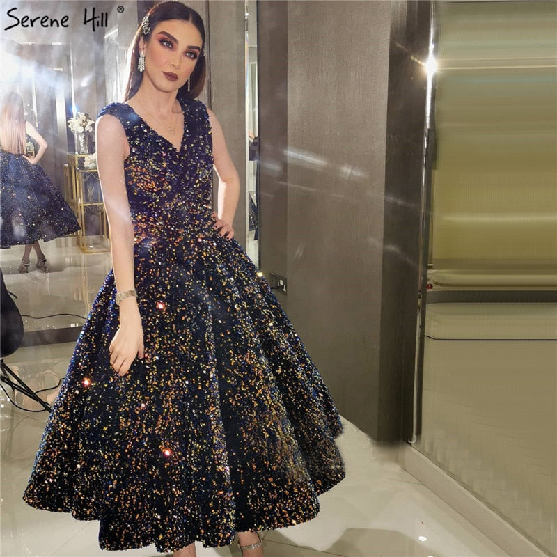 Indigo Blue Gold V-Neck Luxury Evening Dresses 2025 Sleeveless Sequined Sexy Ankle-Length Formal Gowns Serene Hill HA2154 - SERENE HILL