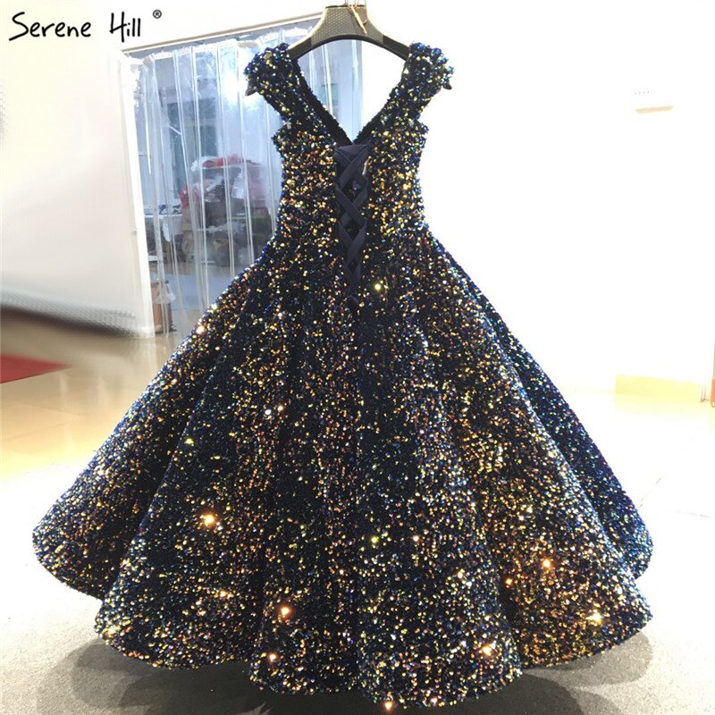 Indigo Blue Gold V-Neck Luxury Evening Dresses 2025 Sleeveless Sequined Sexy Ankle-Length Formal Gowns Serene Hill HA2154 - SERENE HILL