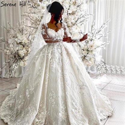 Ivory Long Sleeves Handmade Flowers Wedding Dresses 2025 Dubai O-Neck Vintage Princess Bridal Gowns HA2263 Custom Made - SERENE HILL