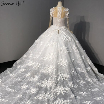 Ivory Long Sleeves Handmade Flowers Wedding Dresses 2025 Dubai O-Neck Vintage Princess Bridal Gowns HA2263 Custom Made - SERENE HILL