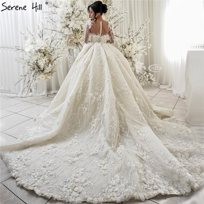 Ivory Long Sleeves Handmade Flowers Wedding Dresses 2025 Dubai O-Neck Vintage Princess Bridal Gowns HA2263 Custom Made - SERENE HILL