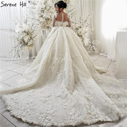 Ivory Long Sleeves Handmade Flowers Wedding Dresses 2025 Dubai O-Neck Vintage Princess Bridal Gowns HA2263 Custom Made - SERENE HILL