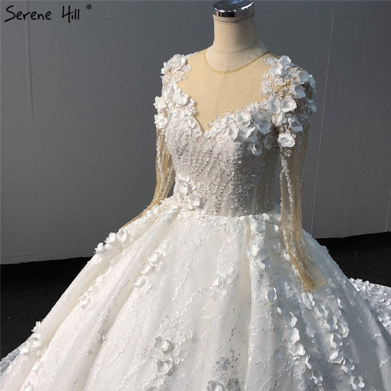 Ivory Long Sleeves Handmade Flowers Wedding Dresses 2025 Dubai O-Neck Vintage Princess Bridal Gowns HA2263 Custom Made - SERENE HILL