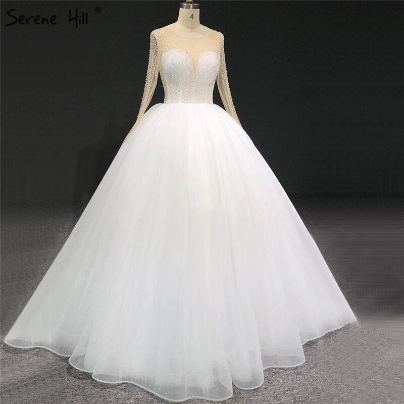 Ivory Long Sleeves Sparkle Sexy Wedding Dresses Beading Sequins O-Neck Bride Gowns Serene Hill HA2332 Custom Made - SERENE HILL