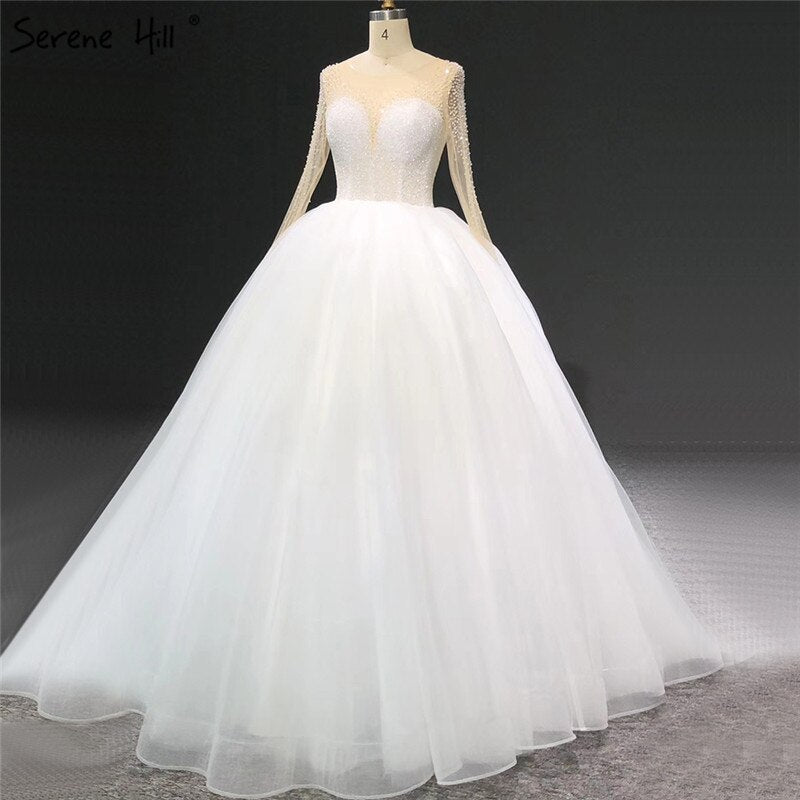 Ivory Long Sleeves Sparkle Sexy Wedding Dresses Beading Sequins O-Neck Bride Gowns Serene Hill HA2332 Custom Made - SERENE HILL