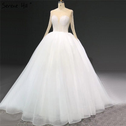 Ivory Long Sleeves Sparkle Sexy Wedding Dresses Beading Sequins O-Neck Bride Gowns Serene Hill HA2332 Custom Made - SERENE HILL