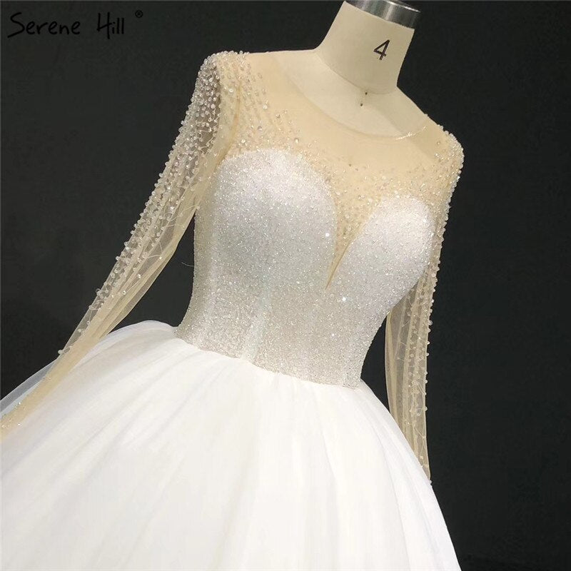 Ivory Long Sleeves Sparkle Sexy Wedding Dresses Beading Sequins O-Neck Bride Gowns Serene Hill HA2332 Custom Made - SERENE HILL