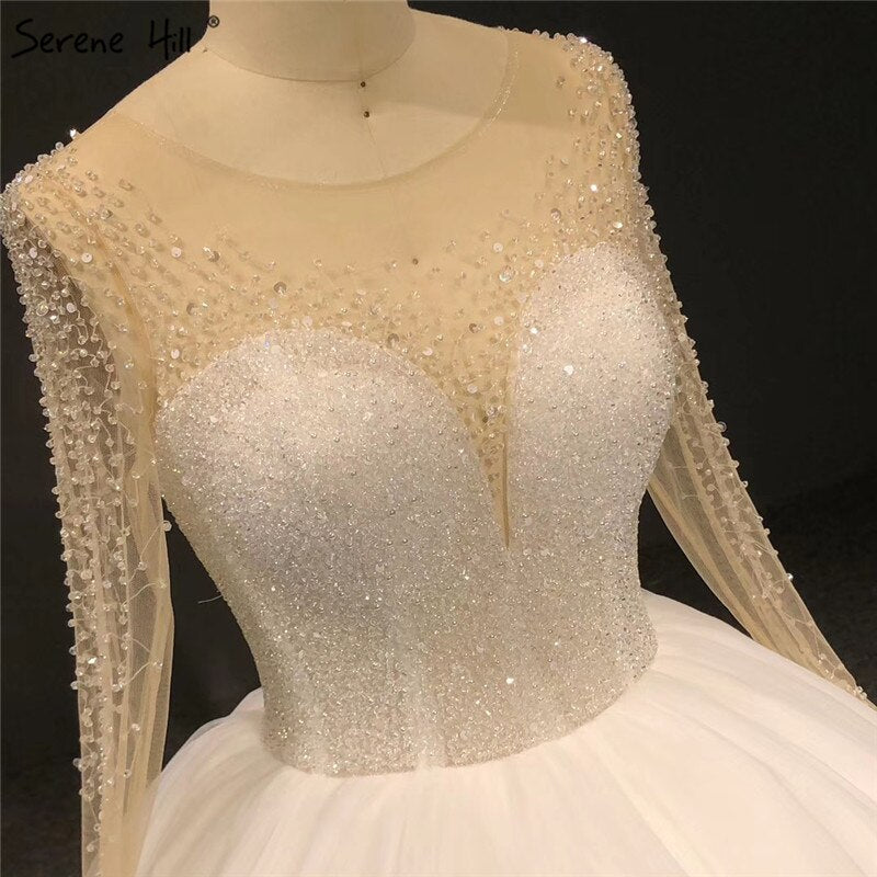Ivory Long Sleeves Sparkle Sexy Wedding Dresses Beading Sequins O-Neck Bride Gowns Serene Hill HA2332 Custom Made - SERENE HILL