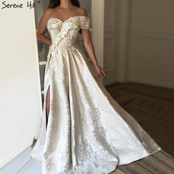 On Sale No Return No Refund  Sale Ivory One Shoulder Sexy Evening Dresses Long 2025 Dubai Handmade Flowers Diamonds Formal Dress Serene Hill LA60947