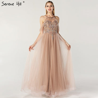On Sale No Return No Refund Sale Latest Design O-Neck Beading Diamonds Evening Dresses 2025 Off Shoulder Sexy Tulle Evening Gowns Serene Hill LA6533 - SERENE HILL