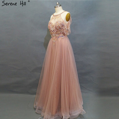 On Sale No Return No Refund Sale Latest Design O-Neck Beading Diamonds Evening Dresses 2025 Off Shoulder Sexy Tulle Evening Gowns Serene Hill LA6533 - SERENE HILL