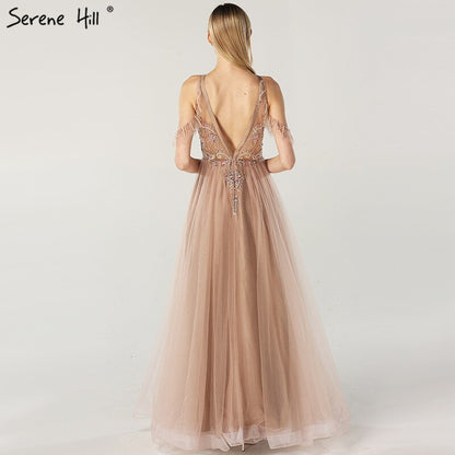 On Sale No Return No Refund Sale Latest Design O-Neck Beading Diamonds Evening Dresses 2025 Off Shoulder Sexy Tulle Evening Gowns Serene Hill LA6533 - SERENE HILL