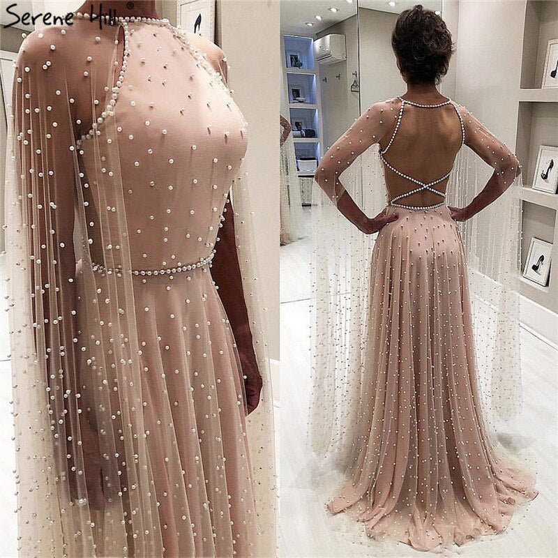 On Sale no return no refundSale Latest Design Pink Backless Sexy Evening Dresses 2025 Pearls Sleeveless shawl Evening Gowns Serene Hill LA60917 - SERENE HILL