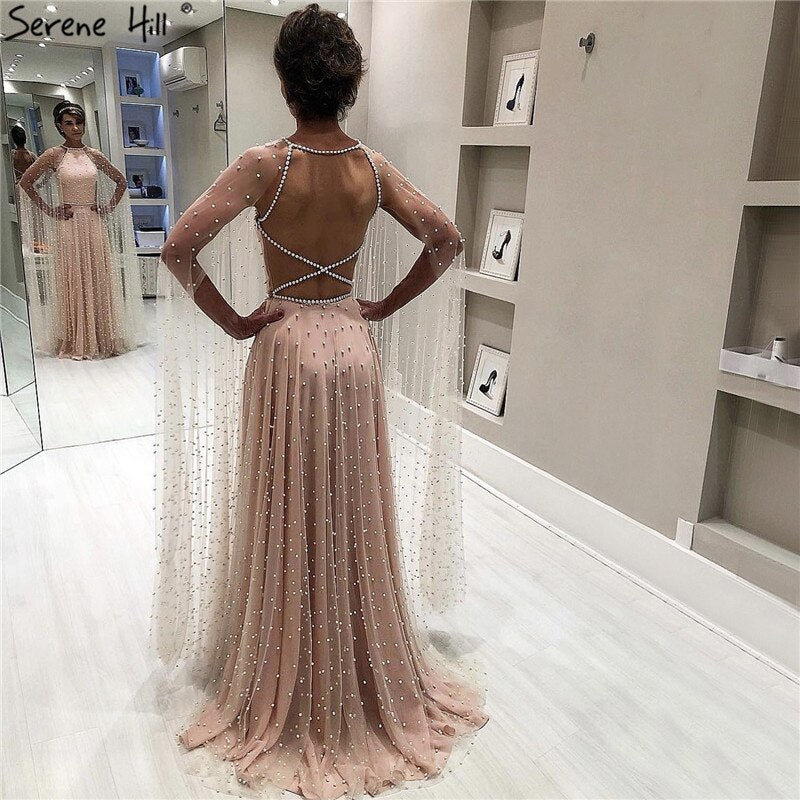 On Sale no return no refundSale Latest Design Pink Backless Sexy Evening Dresses 2025 Pearls Sleeveless shawl Evening Gowns Serene Hill LA60917 - SERENE HILL