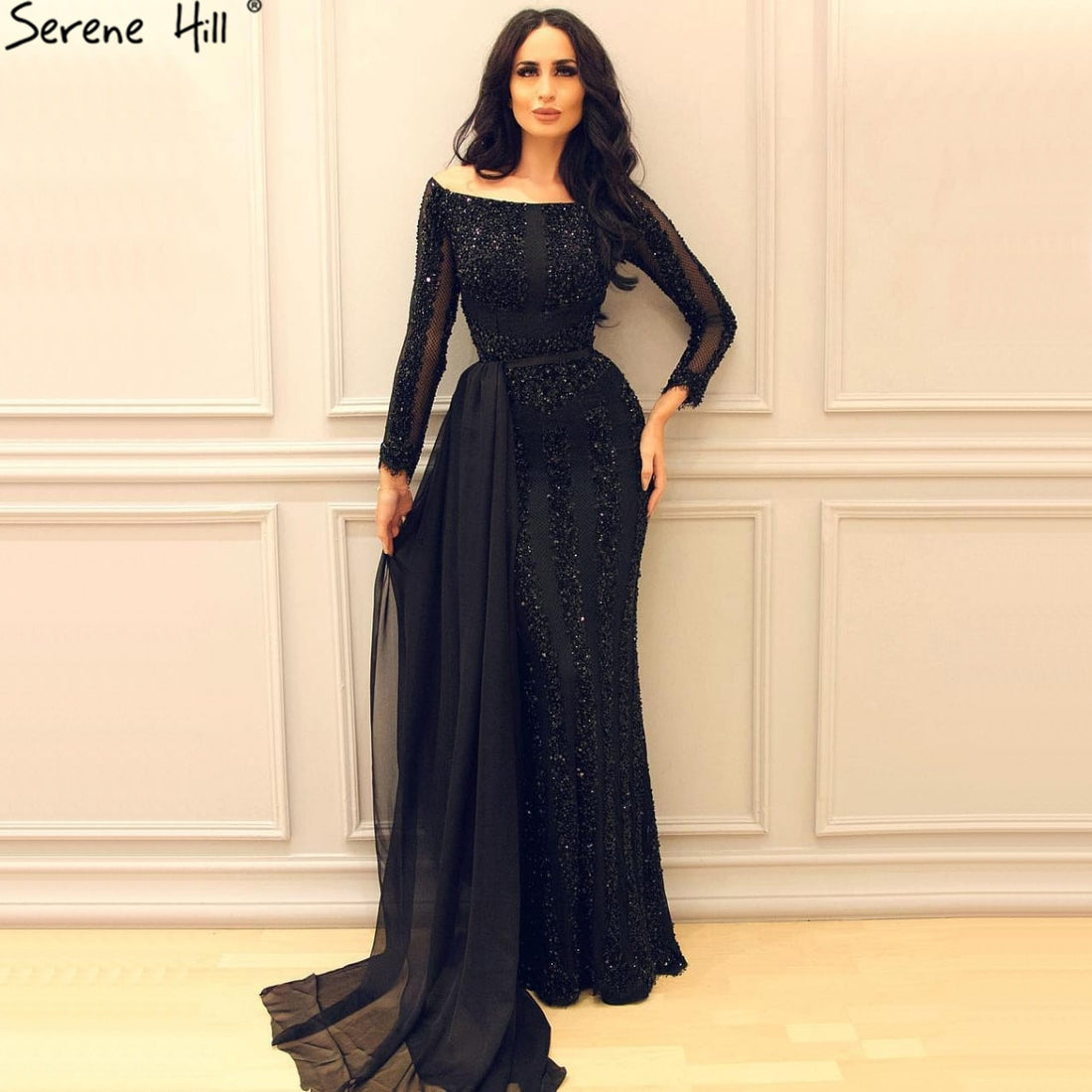 Long Sleeve Black Mermaid Tulle Evening Dresses Beading Sequined Formal Dress Real Photo 2025 Serene Hill LA6009 - SERENE HILL