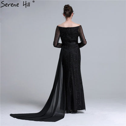 Long Sleeve Black Mermaid Tulle Evening Dresses Beading Sequined Formal Dress Real Photo 2025 Serene Hill LA6009 - SERENE HILL