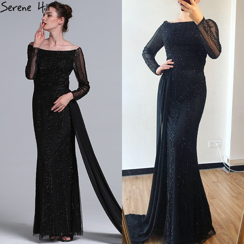 Long Sleeve Black Mermaid Tulle Evening Dresses Beading Sequined Formal Dress Real Photo 2025 Serene Hill LA6009 - SERENE HILL