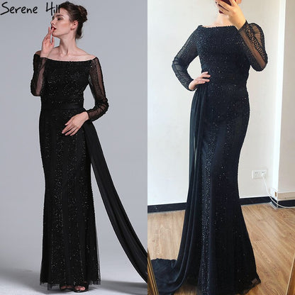 Long Sleeve Black Mermaid Tulle Evening Dresses Beading Sequined Formal Dress Real Photo 2025 Serene Hill LA6009 - SERENE HILL