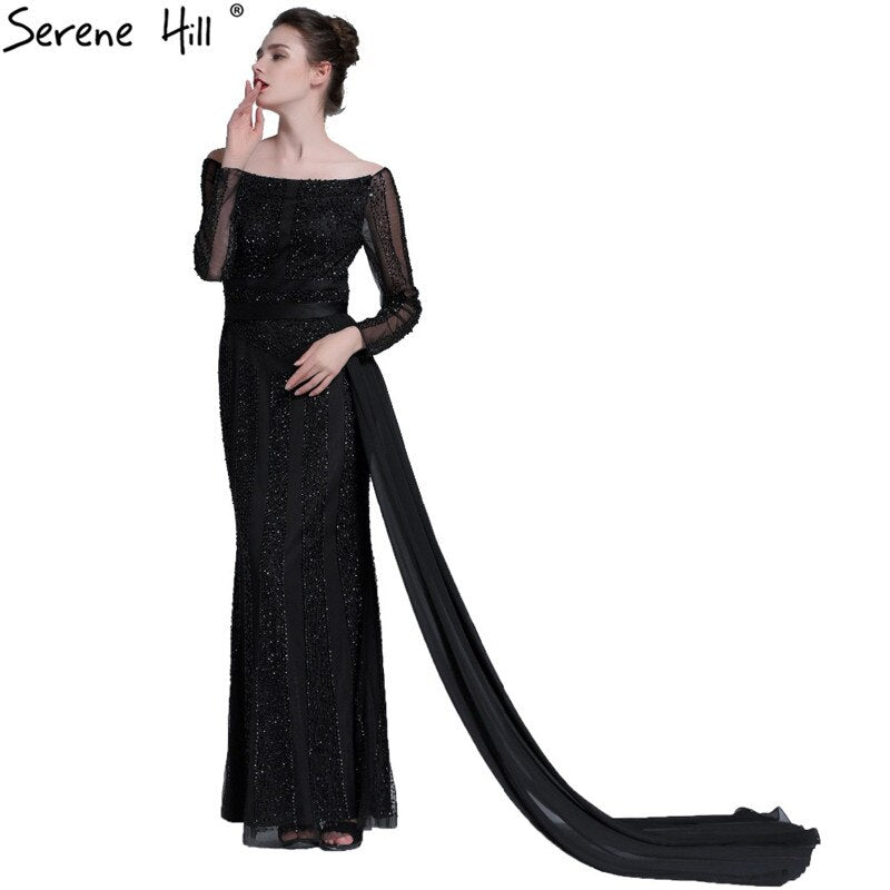 Long Sleeve Black Mermaid Tulle Evening Dresses Beading Sequined Formal Dress Real Photo 2025 Serene Hill LA6009 - SERENE HILL