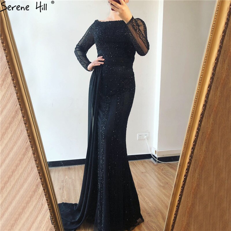 Long Sleeve Black Mermaid Tulle Evening Dresses Beading Sequined Formal Dress Real Photo 2025 Serene Hill LA6009 - SERENE HILL